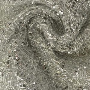 SILVER TRANSPARENT NÄTPALJETT TYG – SMÅ 2–3 MM PALJETTER, UTAN STRETCH