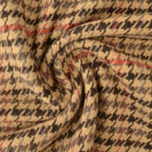 HOUNDSTOOTH ULL/POLYESTER I MÖRK BEIGE OCH RÖDA RUTOR